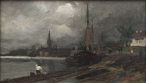 Stadsvy med hamn. Studie, , Edvard Perséus