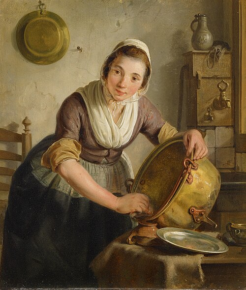 Woman scrubbing a kettle, 1796, Adriaan de Lelie