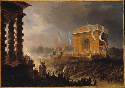 Fête de la Fraternité à l'arc de triomphe de l'Étoile : défilé après la distribution des drapeaux, l, 1848, Jean-Jacques Champin
