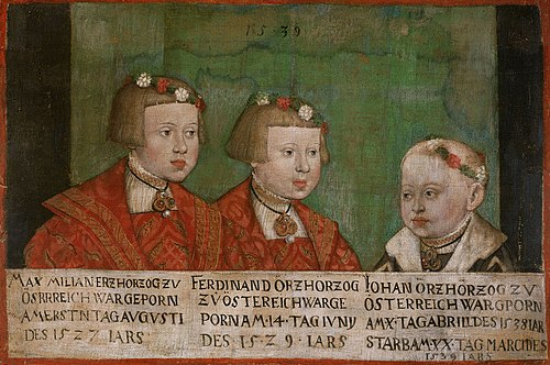 Kaiser Maximilian II. (1527-1576) mit seinen Brüdern Ferdinand II. (1529-1595) und Johann (1538-1539, 1539, Jakob Seisenegger