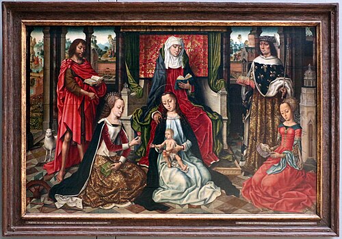 Saint Anne with the Virgin and Child and four saints (John the Baptist, Louis IX, Catherine and Barb, 1487, Maître de la Légende de sainte