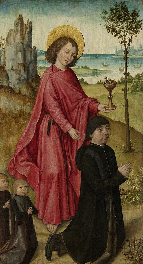 Volet intérieur gauche d'un triptyque avec donateur, ses deux fils et Saint Jean l'Évangéliste, Rijk, 1480, Maître de la Légende de sainte