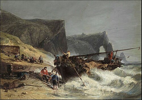Pêcheurs échouant un bateau, 1858, Jules Noël