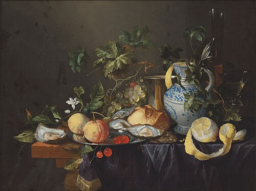 Oysters, grapes, lemons, an orange, cherries and a loaf, , Joris van Son