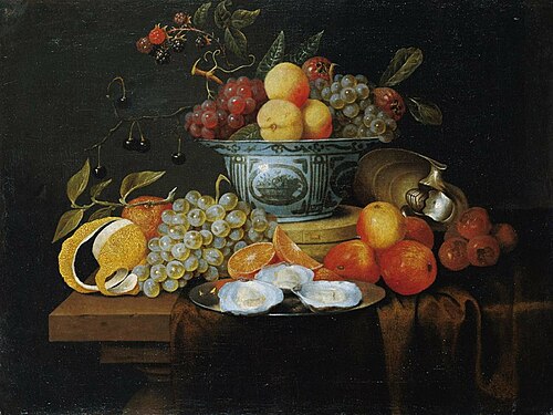 Fruit still life with a wan-li bowl and oysters on a plate, 1650, Joris van Son