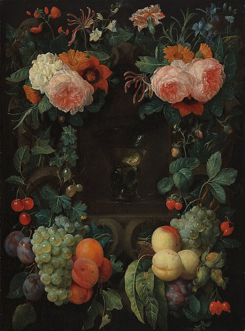 Niche with rummer wine, surrounded by flowers and fruit, 1653, Joris van Son