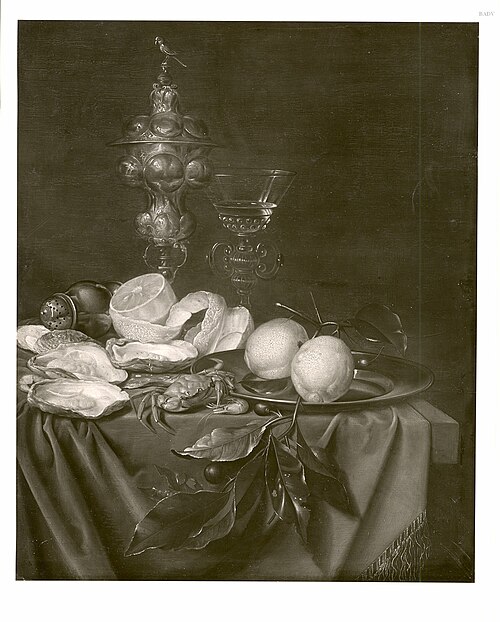 Stilleven met verguld zilveren beker, oester en een geschilde citroen, 1662, Joris van Son