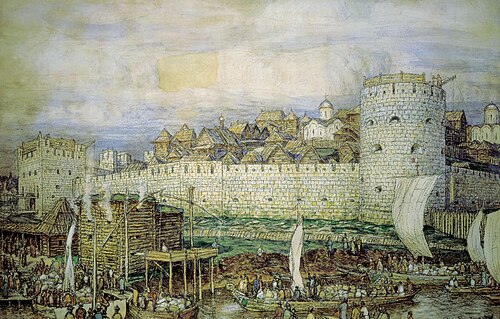 Probable view of the white-stone Kremlin of Dmitry Donskoy. The end of the 14th century, 1922, Apollinaire Vasnetsov
