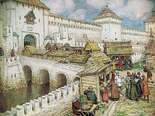 Book shops on the Spassky Bridge at the 17 century, 1916, Apollinaire Vasnetsov