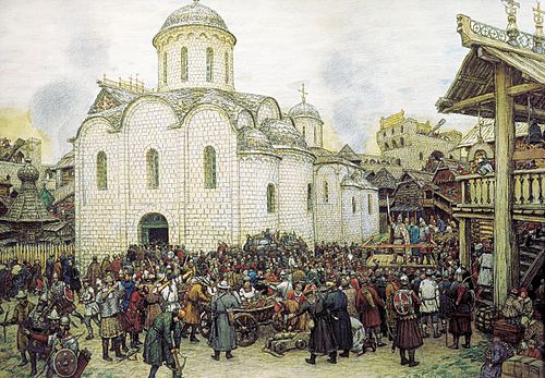 Defense of Moscow from khan Tokhtamysh. 17th century, 1918, Apollinaire Vasnetsov