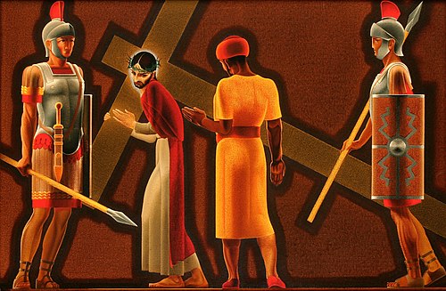 Simon van Cyrene wordt gedwongen Christus' kruis te helpen dragen, 1938, Willem Adolfs