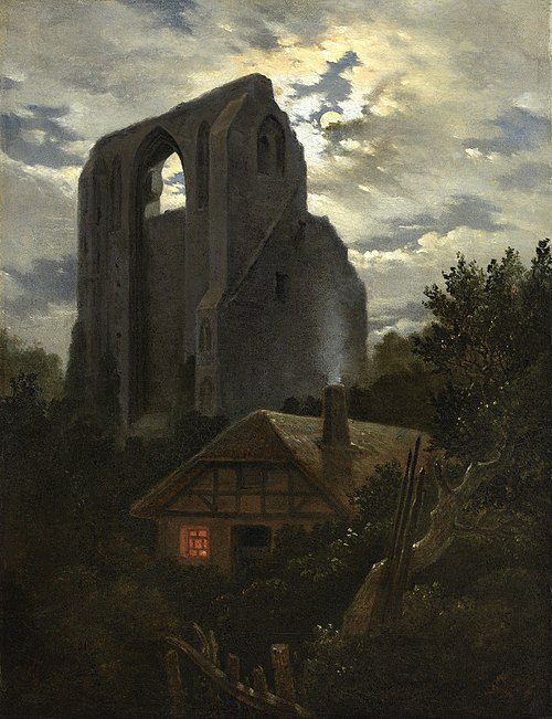 Ruins of the Eldena Monastery with cottage near Greifswald in Moonlight, 1850, Carl Gustav Carus