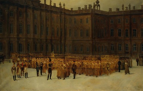 Nicholas I before the Unit Formation of the Life-Guards Field Engineer Battalion in the Court of the, 1861, Vasily Maksutov