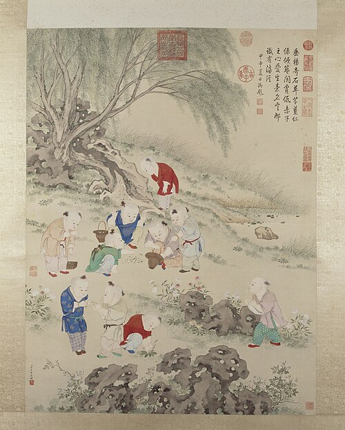 金廷标儿童斗草图轴, , Jin Tingbiao