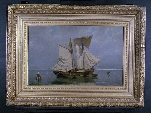 Topzeilschoener met drogende zeilen, 1870, Johan Conrad Greive