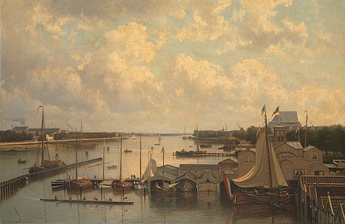 De Amstel van de hoge sluis gezien met de jachthaven en het botenhuis van de roeivereniging 'De Hoop, 1876, Johan Conrad Greive