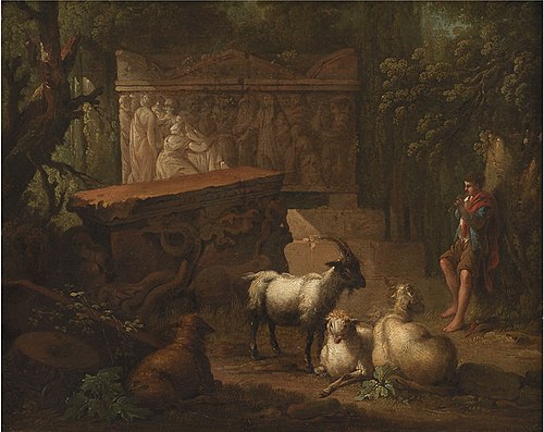 Antikke ruiner omgivet af træer, i forgrunden en hyrde og nogle geder, 1765, Johan Edvard Mandelberg