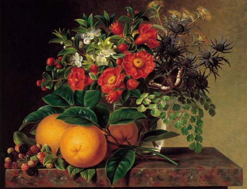 Tidsler, tidselkugler og myrter i en glasvase, med appelsiner, brombær og en sommerfugl., 1834, Johan Laurentz Jensen