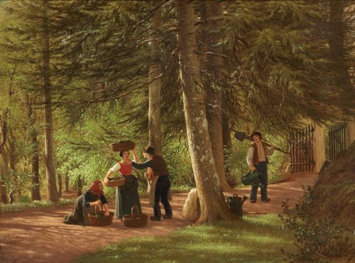 A road through the woods with persons in conversation., 1866, Johan Peter Raadsig