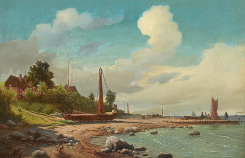 Fishing boats drawn up on the beach at Aalsgaarde., 1855, Johan Peter Raadsig