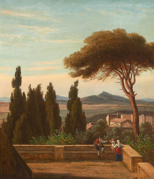 A view from Villa d'Este with pines, cypresses and a family on the terrace., 1870, Johan Peter Raadsig