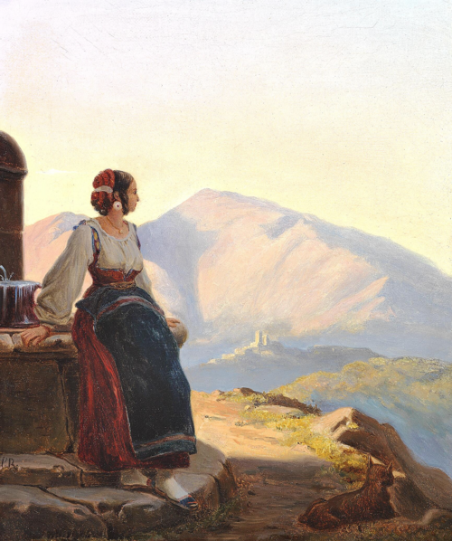 An Italian woman enjoying the landscape., 1840, Johan Peter Raadsig