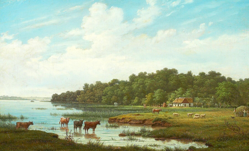 Livestock and persons in a field with a view of an inlet., 1875, Johan Peter Raadsig