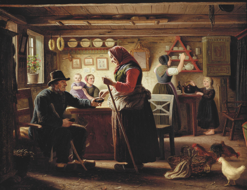 Visit in a farmhouse., 1863, Johan Peter Raadsig