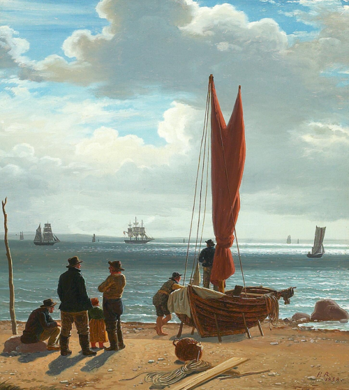 Fishermen at the Sound, early morning., 1858, Johan Peter Raadsig