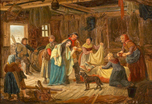 People in a fisherman's shed., 1878, Johan Peter Raadsig