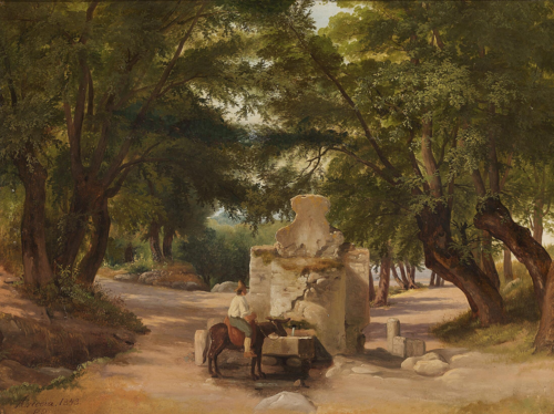 View from Italy with a donkey getting water at a fountain., 1843, Johan Peter Raadsig