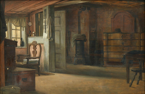 Interior of a farmhouse., 1850, Johan Peter Raadsig