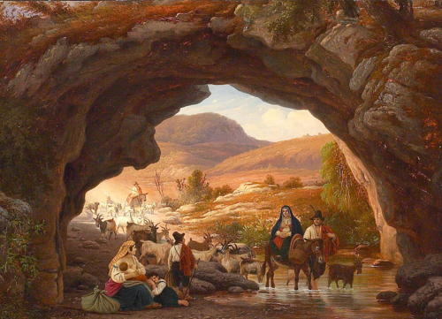 Sheperd scene with persons resting by a rock., 1854, Johan Peter Raadsig