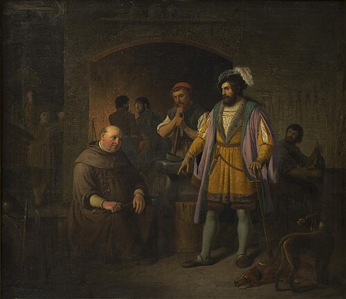 Jens Holgersen Ulfstand kurerer abbeden til Bækkeskov for hans fedme ved at tvinge ham til at arbejd, 1845, Johan Peter Raadsig