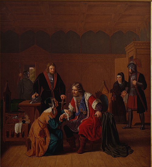 Valdemar the Great is welcomed  at Absalon's mother's house, where he sought refuge after the Battle, 1830, Johan Peter Raadsig