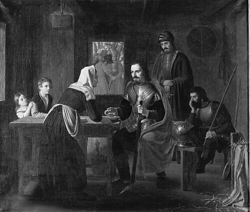 Niels Ebbesen besøger en fattig kone på vej til Randers, morgenen efter grev Gerts død, 1836, Johan Peter Raadsig