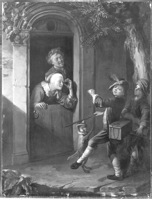 Two Savoyards with listeners in a doorway, 1770, Johann Jakob Dorner