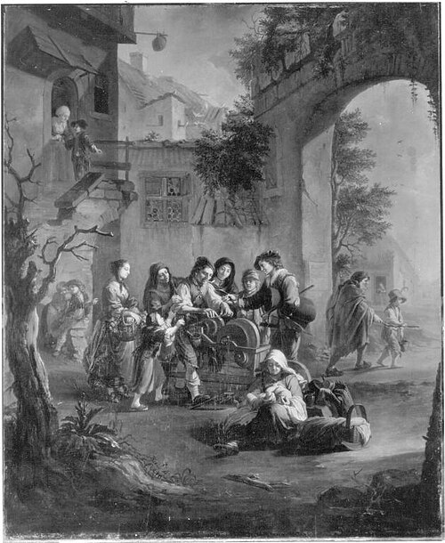 Knife-grinder at work in front of an inn, 1778, Johann Jakob Dorner