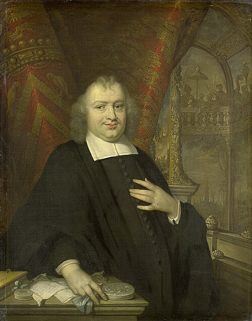 Portrait of Caspar Fagel (1634-88), Grand pensionary of Holland from 1672 on, with the assembly hall, 1686, Johannes Vollevens