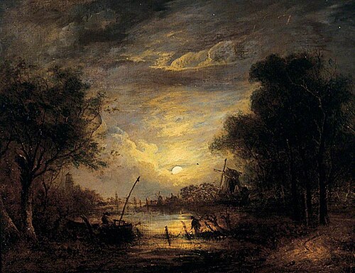 Fishing by Moonlight at Sanderdorf, near the Brille, The Netherlands, 1840, John Bernay Crome