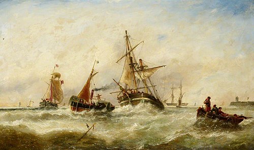 A damaged brig being towed into harbour, , John Callow