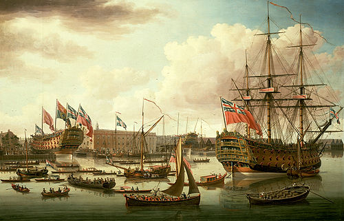 The 'Royal George' at Deptford showing the launch of  the 'Cambridge', 1757, John, Sr. Cleveley
