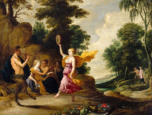 Pan plays the flute before nymphs and satyrs, 1638, David Teniers l'Ancien