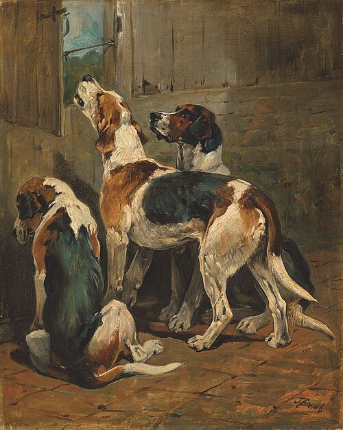 Foxhounds at a kennel door, , John Emms
