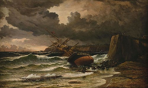 After the storm (Timaru Beach 1882, showing the wreck of the ships Benvenue and City of Perth, 1883), 1883, John Gibb