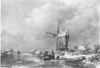 Een molen aan een bevroren rivier, op de voorgrond boeren bij een slee, 1844, Per Wickenberg