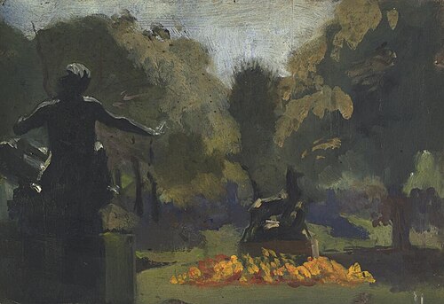 Classical statues in a garden, 1920, John Kelt Edwards