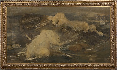 IJsberen beklimmen een ronddrijvende sloep, 1890, John Macallan Swan