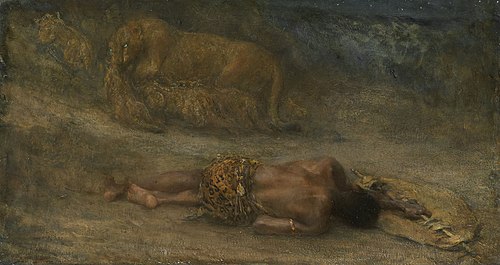 Une lionne avec ses petits près d'un homme noir mort appelé 'Nemesis', 1887, John Macallan Swan