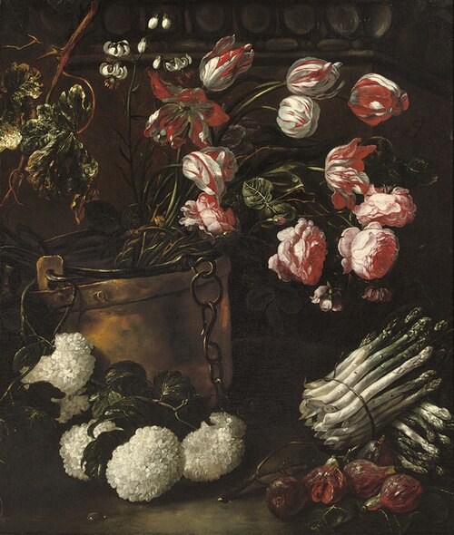 Still life of various flowers, figs and aspargus in and around a copper kettle, 1660, Jan Fyt